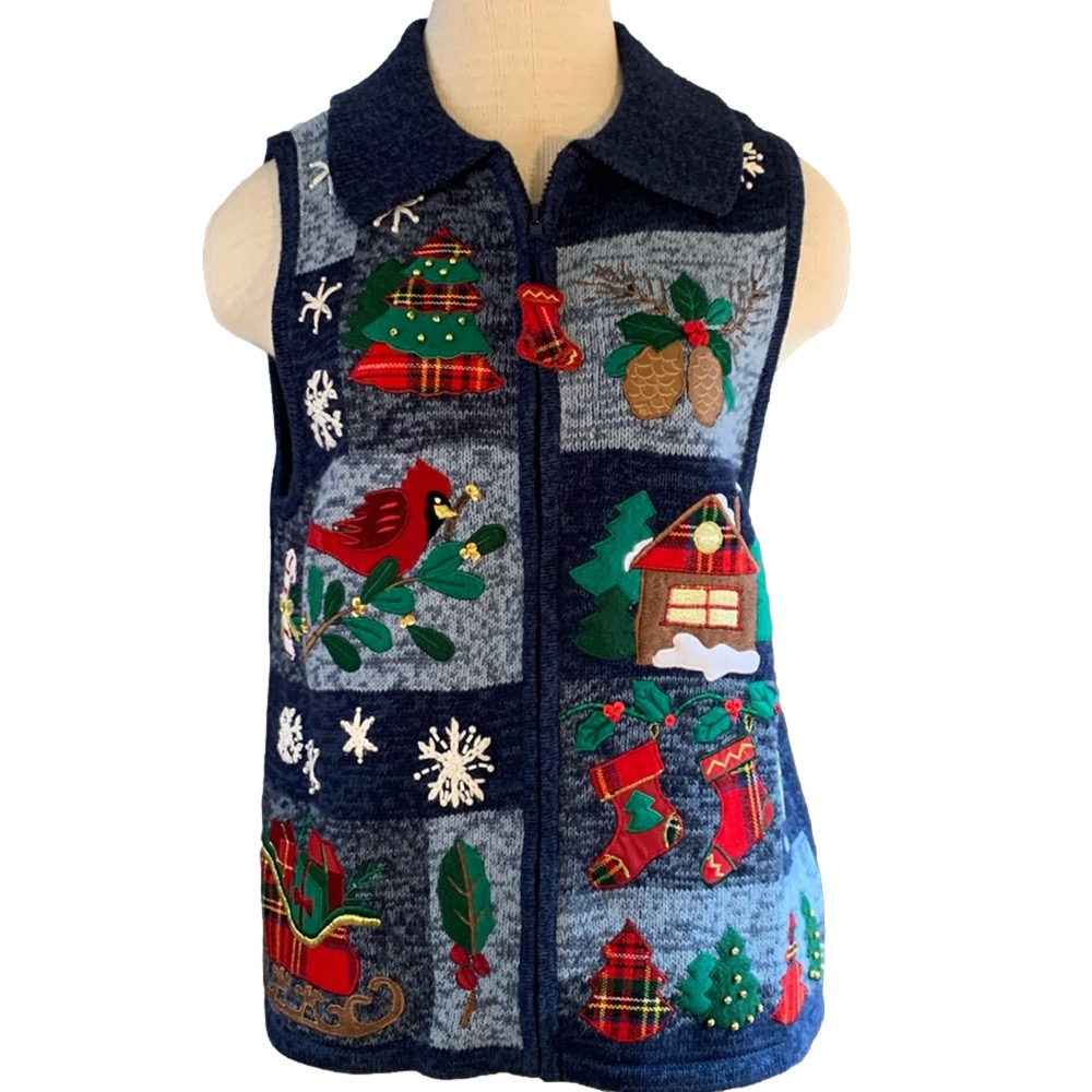 Christmas novelty holiday beaded embroidered zip up teacher sweater vest